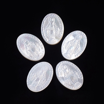 Natural White Shell Cabochons, Religion, Oval with Miraculous Medal, 16x11~11.5x2~2.5mm