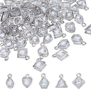 70Pcs 5 Styles Alloy Charms, with Cubic Zirconia, Platinum, 11~14x8~11x5~6mm, Hole: 1~1.5mm, 14pcs/style