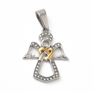 Ion Plating(IP) 304 Stainless Steel Pendants, with Rhinestone, Angel Charm, Golden & Stainless Steel Color, 22.5x18x2mm, Hole: 7.5x3.5mm