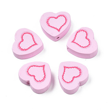 Spray Painted Maple Wood Beads, Printed, Heart, Pink, 16.5x17.5x6mm, Hole: 1.8mm, about 550pcs/500g