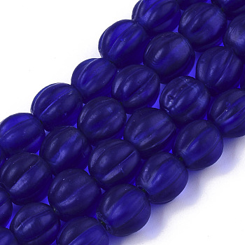 Handmade Frosted Lampwork Beads Strands, Corrugated Beads, Round, Medium Blue, 9.5~10.5x10.5mm, Hole: 1.2mm, about 80pcs/Strand, 31.89 inch