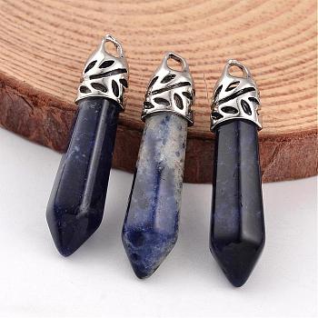 Bullet Natural Sodalite Pendants, with Platinum Tone Alloy Findings, 33~40x8~10mm, Hole: 3x2mm