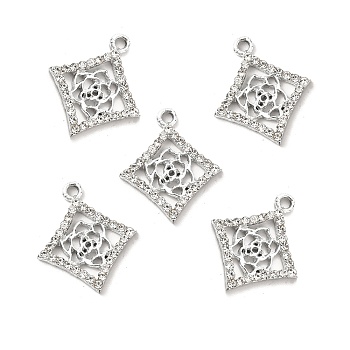 Alloy Rhinestone Pendants, Platinum Tone Rhombus with Hollow Out Rose Charms, Crystal, 22.5x19.5x2.2mm, Hole: 1.8mm