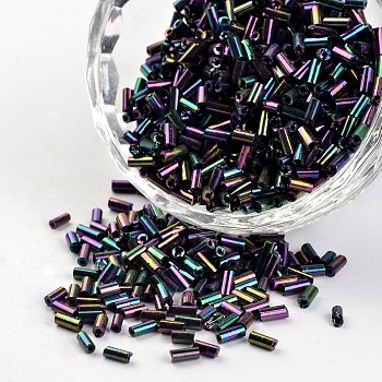 Tube Iris Round Hole Glass Bugle Beads, Multi-color Plated, 3~5x1.8~2mm, Hole: 0.8mm, about 1200pcs/50g