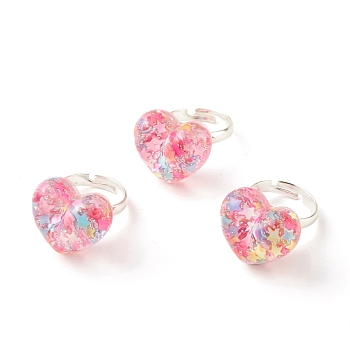 3D Resin Heart with Star Adjustable Ring, Brass Jewelry for Women, Platinum, Hot Pink, US Size 3(14mm)