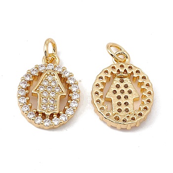 Brass Micro Pave Clear Cubic Zirconia Pendants, with Jump Ring, Cadmium Free & Nickel Free & Lead Free, Rack Plating, Oval with Hamsa Hand Pattern, Real 18K Gold Plated, 15.5x12x3mm, Hole: 3mm