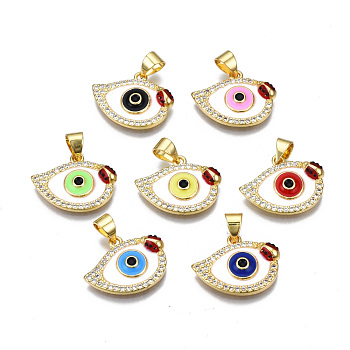 Brass Micro Pave Clear Cubic Zirconia Enamel Pendants, Cadmium Free & Nickel Free & Lead Free, Real 16K Gold Plated, Eye, Mixed Color, 14x18x3mm, Hole: 3x5mm