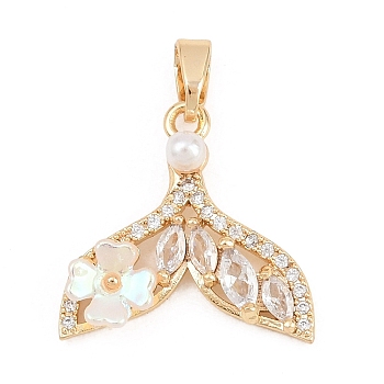 Brass Micro Pave Clear Cubic Zirconia Pendants, Fishtail Charms, Golden, 17x18x4mm, Hole: 5x3mm