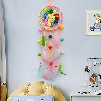 Woven Web/Net with Feather Decorations, with Iron Ring, for Home Bedroom Hanging Decorations, Sunflower, Hot Pink, 610mm