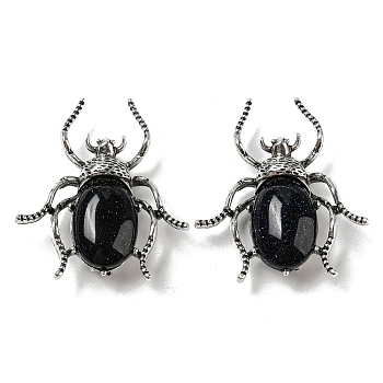 Dual-use Items Alloy Spider Brooch, with Synthetic Blue Goldstone, Antique Silver, 42x38x12~13mm, Hole: 4.5x4mm