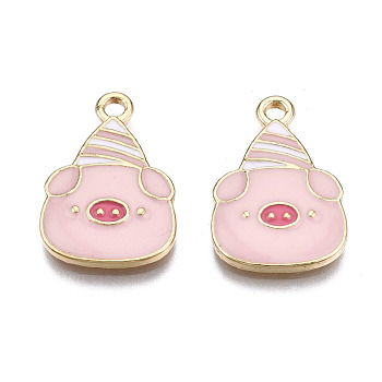Alloy Pendants, with Enamel, Cadmium Free & Lead Free, Light Gold, Pig, Pink, 20x13.5x2mm, Hole: 2mm