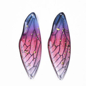 Transparent Epoxy Resin Big Pendants, with Gold Foil, Insects Wing, Blue, 51x16.5x1~2.5mm, Hole: 1.2mm