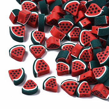 Handmade Polymer Clay Beads, Watermelon Slice, Red, 9.5~10.5x10~10.5x4.5~5mm, Hole: 1.8mm