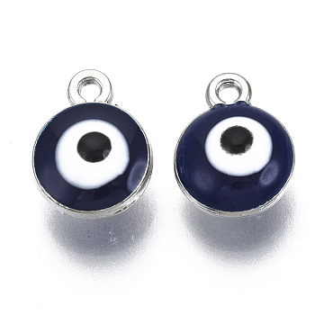 Alloy Pendants, with Enamel, Flat Round with Evil Eye, Midnight Blue, 12.5x10x7mm, Hole: 1.4mm