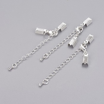 Chain Extender, with Silver Color Plated Brass Clasp & Clip Ends, Lobster Claw Clasp and Cord Crimp, Nickel Free, Size: Clasp: 12x7.5x3mm, Cord Crimp: 5x13mm, Chain: 50mm long, 3.5mm wide, Hole: 1.5mm
