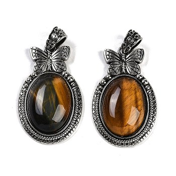 Natural Tiger Eye Pendants, Butterfly Oval Charms, with Antique Silver Tone Alloy Findings, Cadmium Free & Lead Free, 42.5x26x8.5mm, Hole: 4x6mm