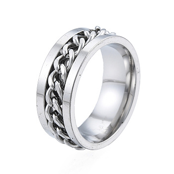 201 Stainless Steel Curb Chain Finger Ring for Women, Stainless Steel Color, Inner Diameter: 17mm