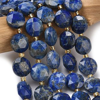 Natural Lapis Lazuli Beads Strands, Faceted Hexagonal Cut Coin Beads, Flat Round, with Seed Beads, 10~11x5mm, Hole: 1.2mm, about 31~32pcs/strand, 15.35~15.55''(39~39.5cm)
