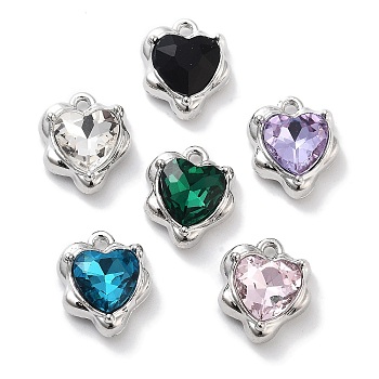 Rack Plating Alloy Rhinestone Charms, Lead Free & Cadmium Free & Nickel Free, Heart, Mixed Color, Platinum, 13.5x11x5mm, Hole: 1.2mm