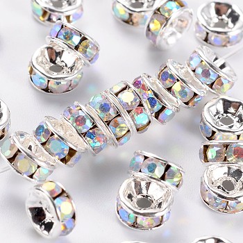 Brass Rhinestone Spacer Beads, Beads, Grade A, White with AB Color, Clear AB, Silver Color Plated, Nickel Free, Size: about 6mm in diameter, 3mm thick, hole: 1mm