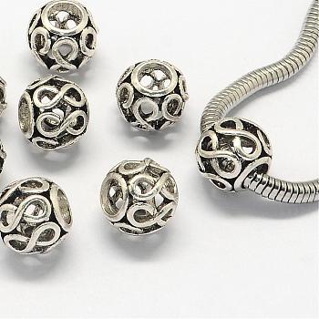 Alloy European Beads, Large Hole Beads, Rondelle, Hollow, Antique Silver, 11x9.5mm, Hole: 5mm