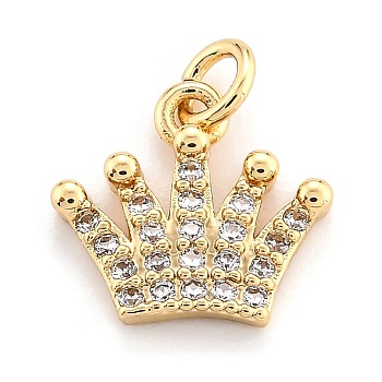 Brass Micro Pave Clear Cubic Zirconia Pendants, Long-Lasting Rack Plated, Crown, Real 18K Gold Plated, 10x11x2mm, Hole: 2mm