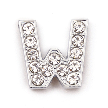 Alloy Slide Charms, with Crystal Rhinestone, for DIY Craft Jewelry Making, Letter, Platinum, Letter.W, 14x14.3x5mm, Hole: 2x11mm