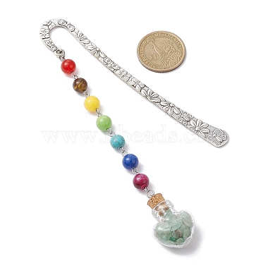7 Chakra Gemstone Bead & Natural Green Aventurine Glass Heart Wishing Bottle Pendant Bookmarks(AJEW-JK00313-06)-3