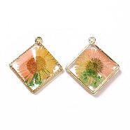 Transparent Clear Epoxy Resin Pendants, with Edge Golden Plated Alloy Loops, Rhombus Charms with Inner Flower, Gold, 30x26.5x3mm, Hole: 1.8mm(RESI-L036-11KCG-03)