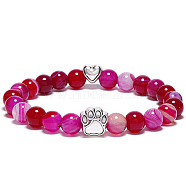 Natural Agate Bead Stretch Bracelets for Women Men, Heart & Paw Print, 7-1/8 inch(18cm)(XZ2326-6)