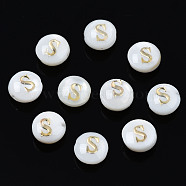Natural Freshwater Shell Beads, with Golden Plated Brass Etched Metal Embellishments, Flat Round with Letter, Seashell Color, Letter.S, 6x4mm, Hole: 0.8mm(SHEL-S278-036S)