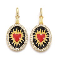 Brass Micro Pave Clear Cubic Zirconia Pendants, with Colorful Enamel, Long-Lasting Plated, Flat Oval with Heart, Golden, 33x15.5x2mm, Hole: 5.5x3mm(ZIRC-Z001-07G)