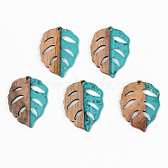 Transparent Resin & Walnut Wood Pendants, with Gold Foil, Leaf, Dark Turquoise, 37x28x3mm, Hole: 2mm(X-RESI-S389-003A-B03)