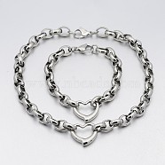 304 Stainless Steel Cross Rolo Chain Jewelry Sets, Necklace and Bracelet, with Lobster Claw Clasps and Open Heart Links, Stainless Steel Color, 17 inch, 8-1/4 inch~9 inch(210~230mm)(SJEW-A077-02P)