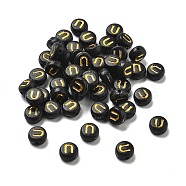 Plating Opaque Acrylic Beads, Golden Metal Enlaced, Flat Round with Letter, Letter U, 7x3.5mm, Hole: 1.2mm, about 3846pcs/500g(OACR-R005-03U)