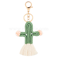 Handmade Woven Cotton Keychain, with Iron & Alloy Findings, Golden, Cactus Pattern, 17.3cm, Cactus: 110x83x8.5mm(KEYC-WH0034-18C)