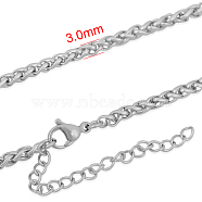 316 Surgical Stainless Steel Wheat Chain Necklaces, with Lobster Claw Clasp and Extender Chains, Stainless Steel Color, 17.7 inch(45cm), 3mm, Extender Chain: 5cm(NJEW-M176-18-B)