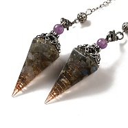 Natural Labradorite Dowsing Pendulum Big Pendants, with Resin, Amethyst & Quartz Crystal, Hexagonal Cone, 300mm, Hole: 1.5mm(G-H285-02P-04)