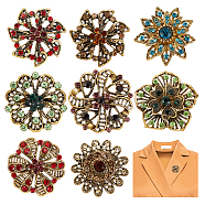 Elite 8Pcs 8 Style Rhinestone Flower Safety Pin Brooch, Antique Golden Plated Alloy Badge for Backpack Clothes, Mixed Color, 32~35x10.5~14mm, pin: 0.6mm, 1pcs/style(JEWB-PH0001-24)