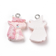 Opaque Resin Pendants, with Glitter Powder and Platinum Tone Iron Loops, Unicorn Charm, Pink, 22x14.5x6mm, Hole: 2mm(X-RESI-J023-14A)
