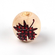 Natural Wood Beads, Round with Maple Leaf Plaid Patten, Red, 15~16mm, Hole: 4mm(WOOD-TAC0007-45A)