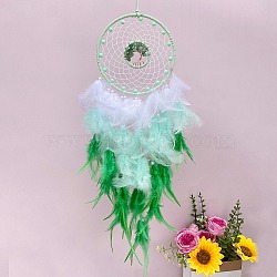 Woven Net/Web with Feather Pendant Decoration, with Iron Finding, Hanging Decorations, Green, 700mm(PW-WGD01AE-01)