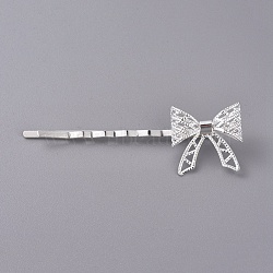 Iron Hair Bobby Pins, with Brass Findings, Bowknot, Silver Color Plated, 62x11mm, Bowknot: 20x20mm(IFIN-L035-06S)