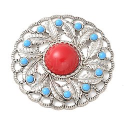 Alloy Pave Dyed Red Synthetic Turquoise Flat Round Multi-Strand Links, Lead Free & Nickel Free & Cadmium Free, Platinum, 59.5x10.5mm, Hole: 5x3.5mm(FIND-M052-03P-NR)