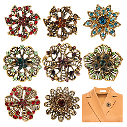 Elite 8Pcs 8 Style Rhinestone Flower Safety Pin Brooch, Antique Golden Plated Alloy Badge for Backpack Clothes, Mixed Color, 32~35x10.5~14mm, pin: 0.6mm, 1pcs/style(JEWB-PH0001-24)