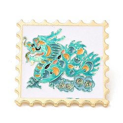 Wavy Rectangle with Dragon Enamel Pins, Light Gold Plated Alloy Brooch, Chinese Style Zodiac Sign Badge, Turquoise, 30x30x1.5mm(JEWB-I026-02C)