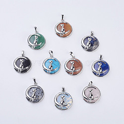 Fashion Natural & Synthetic Mixed Stone Kitten Pendants, with Brass Findings, Flat Round with Cat & Crescent Moon Shape, Platinum, 32x27.5x10mm, Hole: 5x7mm(G-K234-D)
