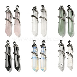 Natural & Synthetic Gemstone Pointed Big Pendants, Rack Plating Brass Snake Wrapped Faceted Bullet Charms, Antique Silver, Cadmium Free & Lead Free, Mixed Dyed and Undyed, 60.5x11.5x14mm, Hole: 8x5mm(G-F766-07AS)