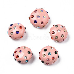Polymer Clay Rhinestone Beads, Pave Disco Ball Beads, Flat Round, Pink, 11~12x7mm, Hole: 1.4mm, Rhinestone: pp15(2.1~2.2mm)(RB-S056-27F)
