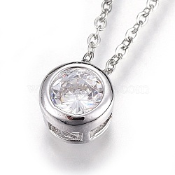 304 Stainless Steel Pendant Necklaces, with Cubic Zirconia, Flat Round, Clear, Stainless Steel Color, 17.7 inch(45.2cm)(NJEW-O108-29P)